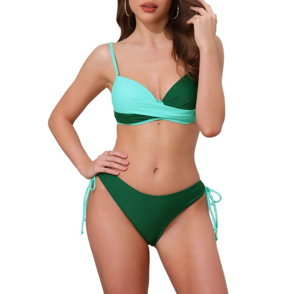 Cross Contrast Color 2 Piece Tie Size Triangle Bottoms Swimwear Green